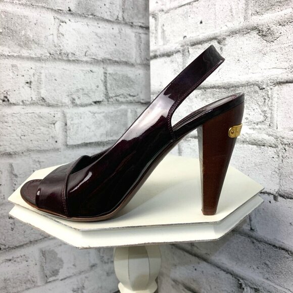Louis Vuitton Shoes - Louis Vuitton Burgundy Patent Leather Sling Back Open Peep Toe Pump